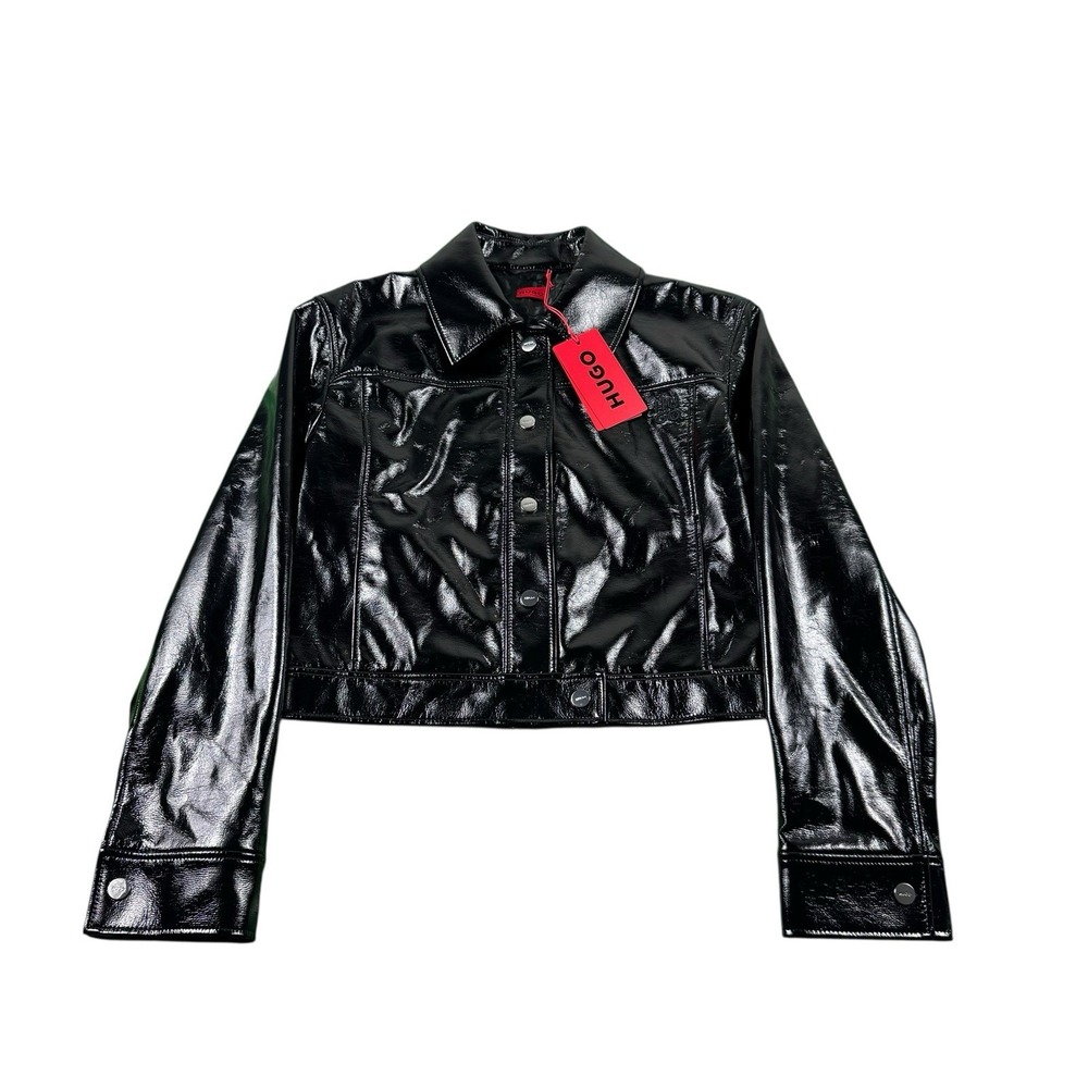 Hugo Boss Women’s Black Faux Leather Aiota-1 Cropped Jacket Size 4 NWT